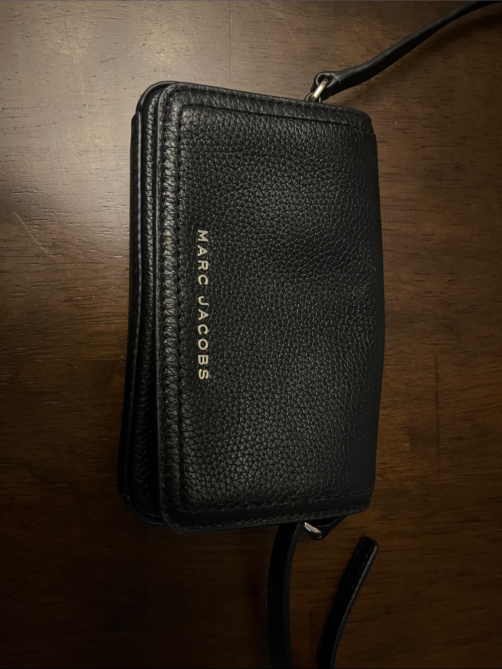 Marc Jacobs Black Pebbled Leather Wristlet Crossbody Wallet with Gold Logo